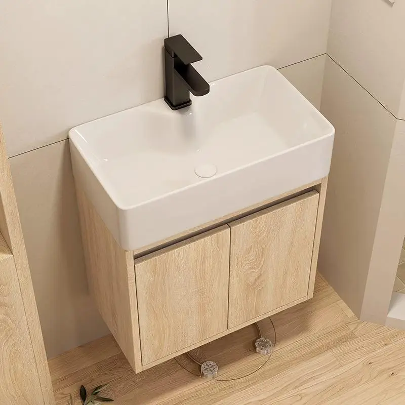 Modern Small Wall-mounted Solid Wood Dressing Table Bathroom Vanity with Washbasin Sink and Mirror for Hotel Restroom Bathrooms — image 6