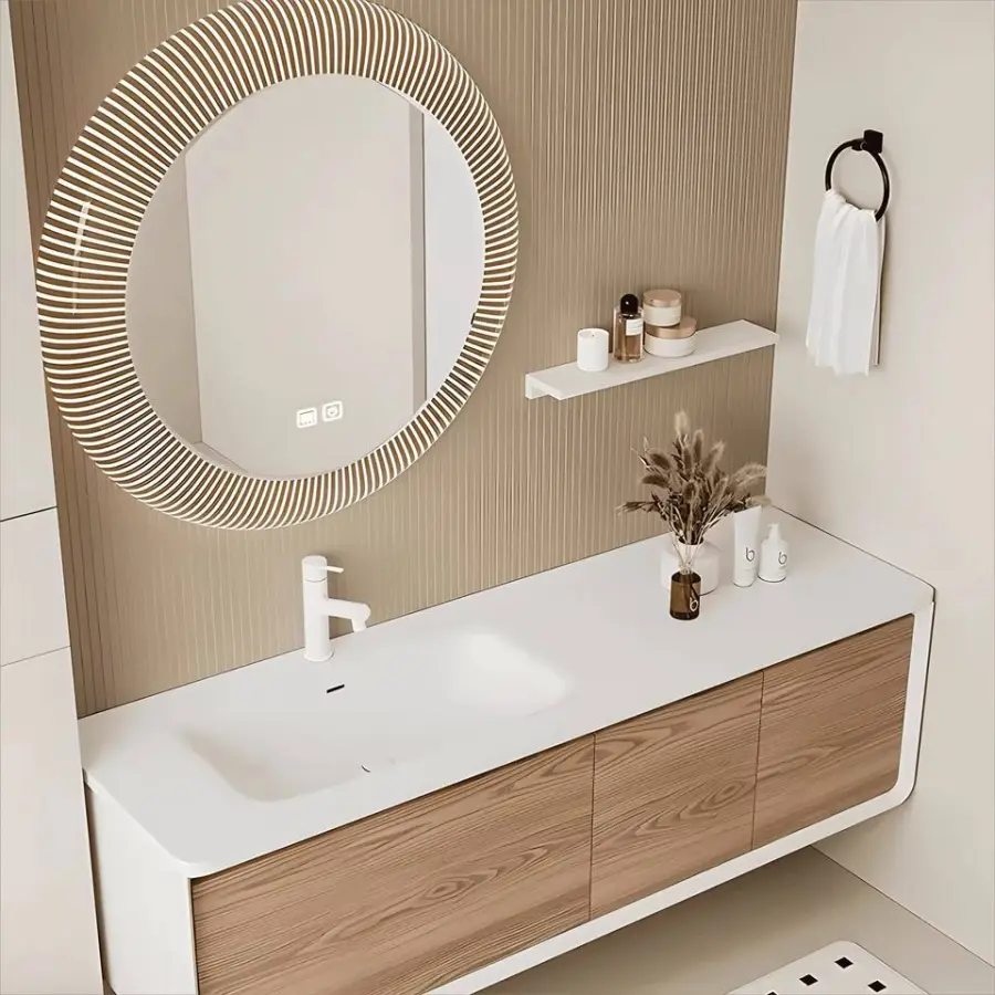 Customized Modern High-end PVC Structure Dressing Table Bathroom Vanity with LED Smart Washbasin and Bathroom Dressing Table — image 4