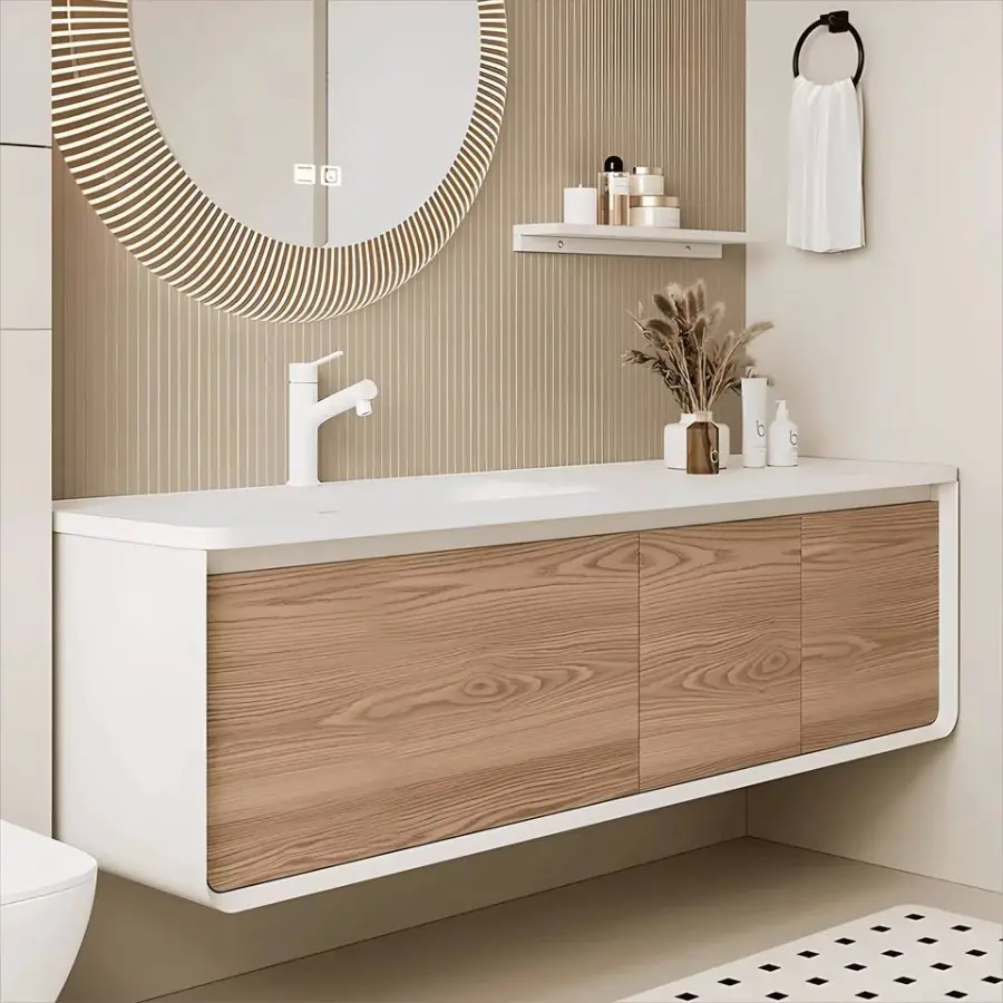 Customized Modern High-end PVC Structure Dressing Table Bathroom Vanity with LED Smart Washbasin and Bathroom Dressing Table — image 5