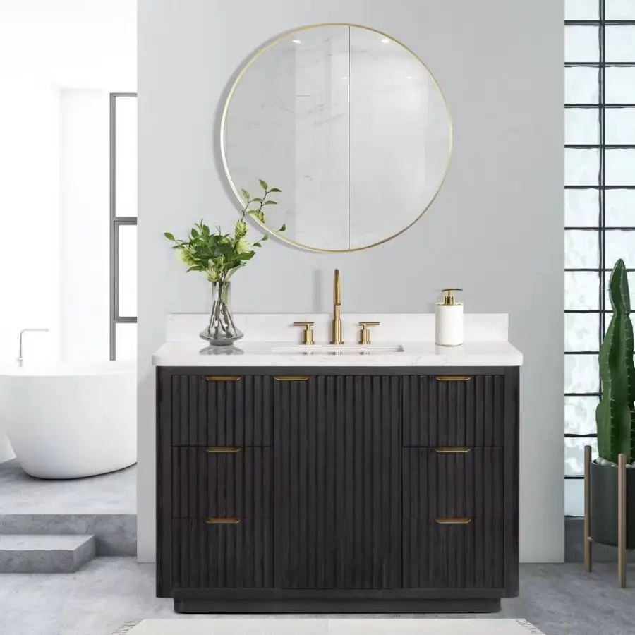 2025 New Factory Customized Luxury Dark Wood Vanity Set with Narrow Edge Metal Frame Round Mirror for High End Bathrooms — view 1