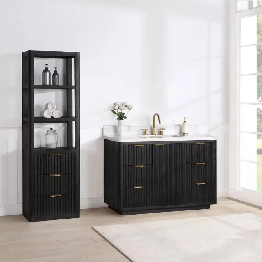 2025 New Factory Customized Luxury Dark Wood Vanity Set with Narrow Edge Metal Frame Round Mirror for High End Bathrooms — image 3