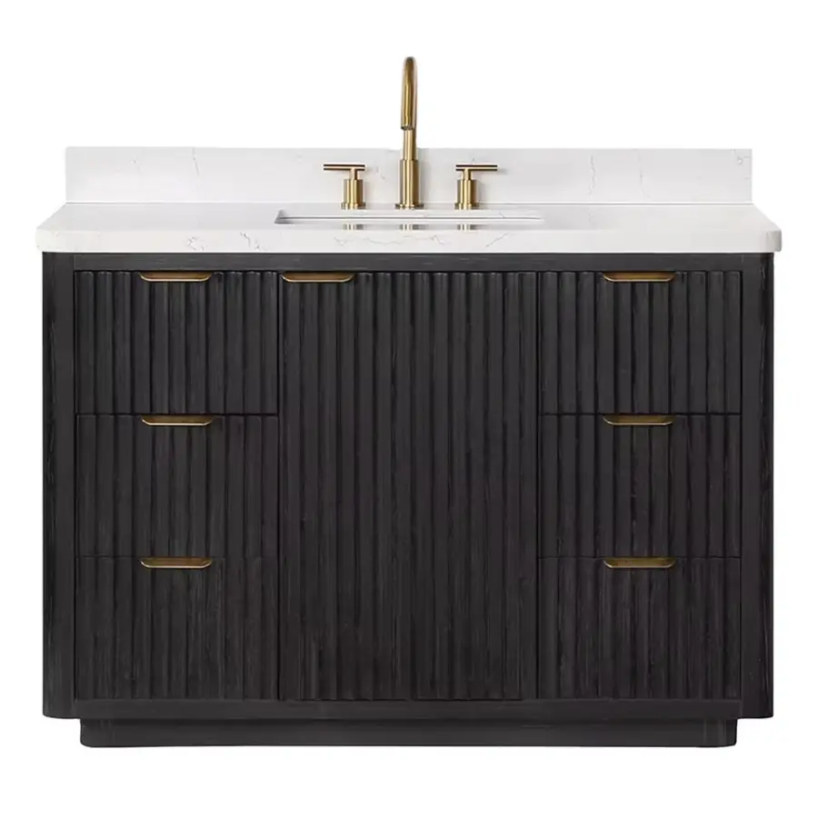 2025 New Factory Customized Luxury Dark Wood Vanity Set with Narrow Edge Metal Frame Round Mirror for High End Bathrooms — image 4