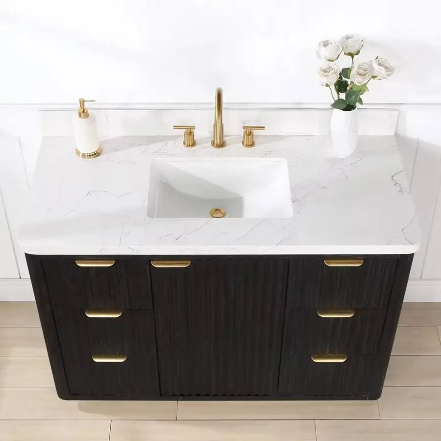 2025 New Factory Customized Luxury Dark Wood Vanity Set with Narrow Edge Metal Frame Round Mirror for High End Bathrooms — image 5