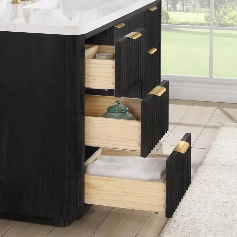 2025 New Factory Customized Luxury Dark Wood Vanity Set with Narrow Edge Metal Frame Round Mirror for High End Bathrooms — image 6