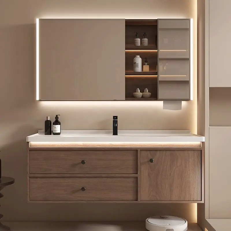 Factory Customized Wood Grain Dressing Table Bathroom Vanity with Smart Mirror Cabinet Storage Drawers for Home Hotel — view 1