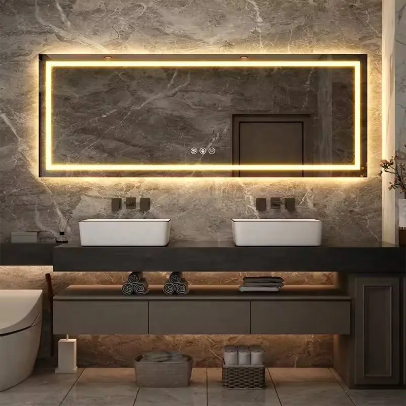 Large Modern Design Wall Mounted Dimmable Smart Vanity Mirror LED Bathroom Mirror with Backlit Lights Aluminum Lenses — view 1