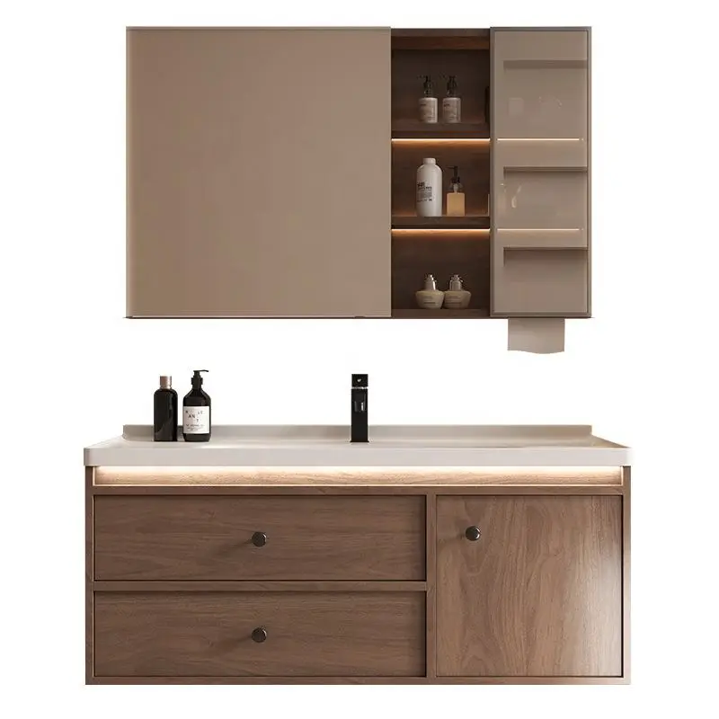 Factory Customized Wood Grain Dressing Table Bathroom Vanity with Smart Mirror Cabinet Storage Drawers for Home Hotel — image 5