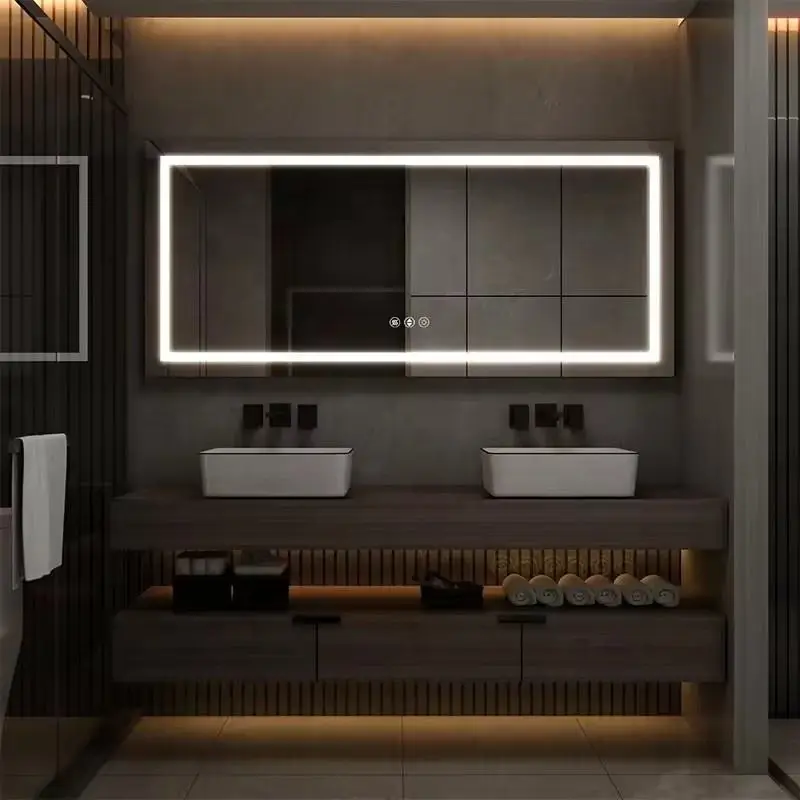 Large Modern Design Wall Mounted Dimmable Smart Vanity Mirror LED Bathroom Mirror with Backlit Lights Aluminum Lenses — image 3