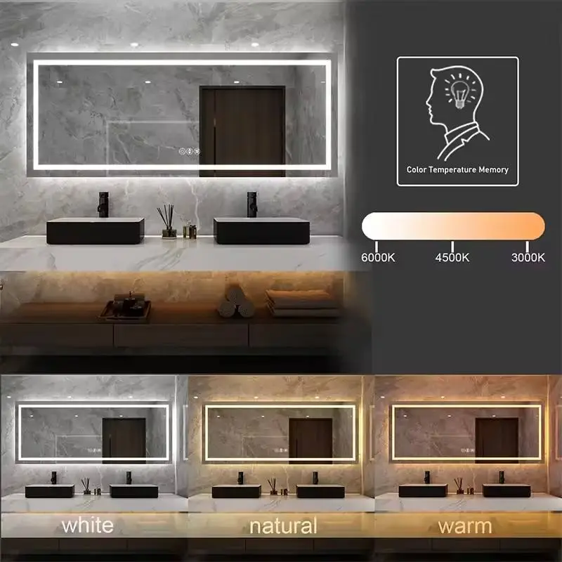 Large Modern Design Wall Mounted Dimmable Smart Vanity Mirror LED Bathroom Mirror with Backlit Lights Aluminum Lenses — image 4