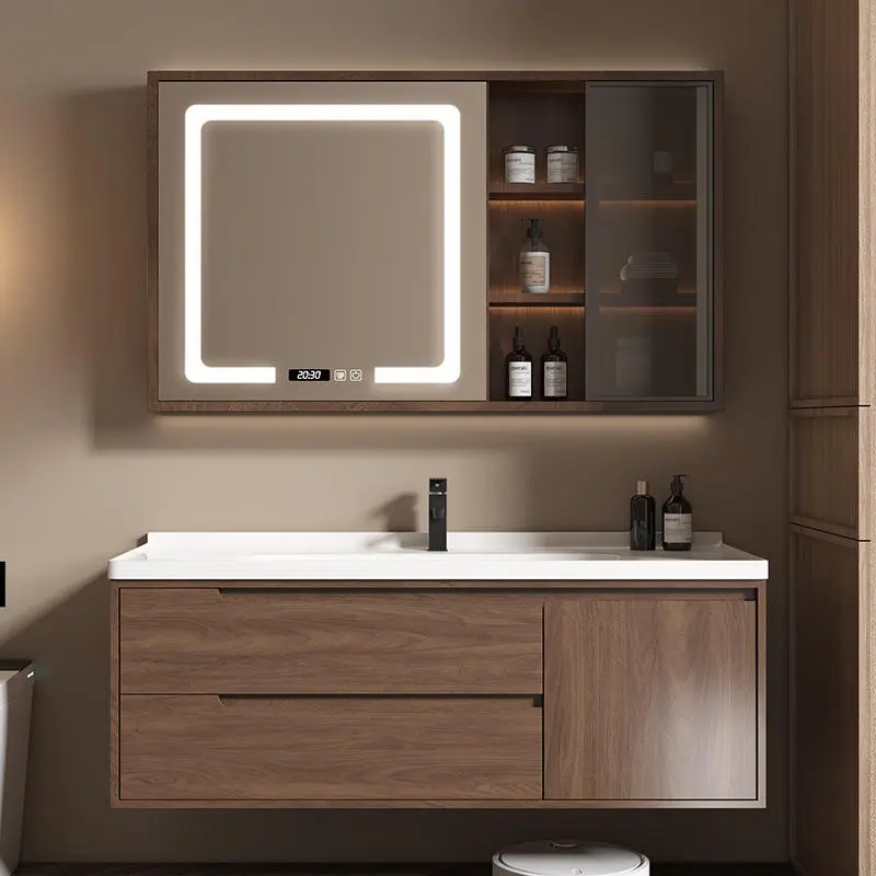 Customized Walnut Color Led Mirror Solid Wood Intelligent Bathroom Cabinet Bathroom Vanity for Bathroom — view 1