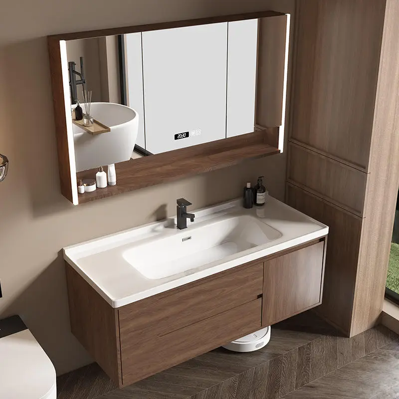 Customized Walnut Color Led Mirror Solid Wood Intelligent Bathroom Cabinet Bathroom Vanity for Bathroom — view 3