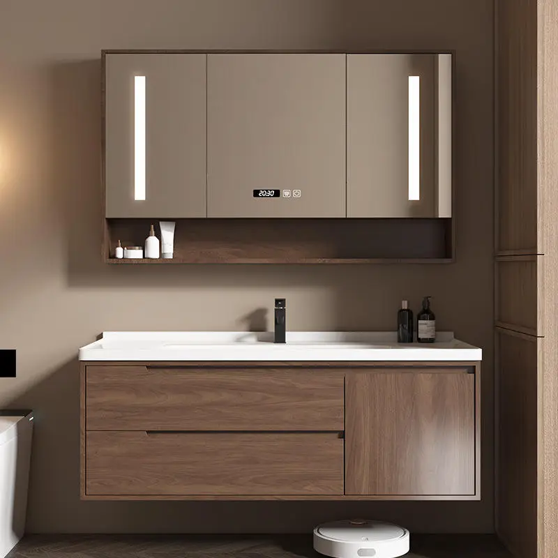 Customized Walnut Color Led Mirror Solid Wood Intelligent Bathroom Cabinet Bathroom Vanity for Bathroom — view 4