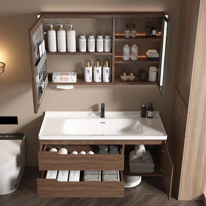 Customized Walnut Color Led Mirror Solid Wood Intelligent Bathroom Cabinet Bathroom Vanity for Bathroom — view 5
