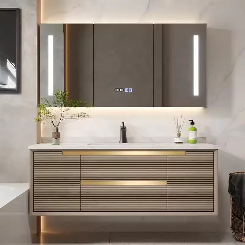 Customized Wholesale Striped Gold Wall-mounted Metal Handle Large Capacity Durable Bathroom Vanity for Hotel Bathroom — view 1