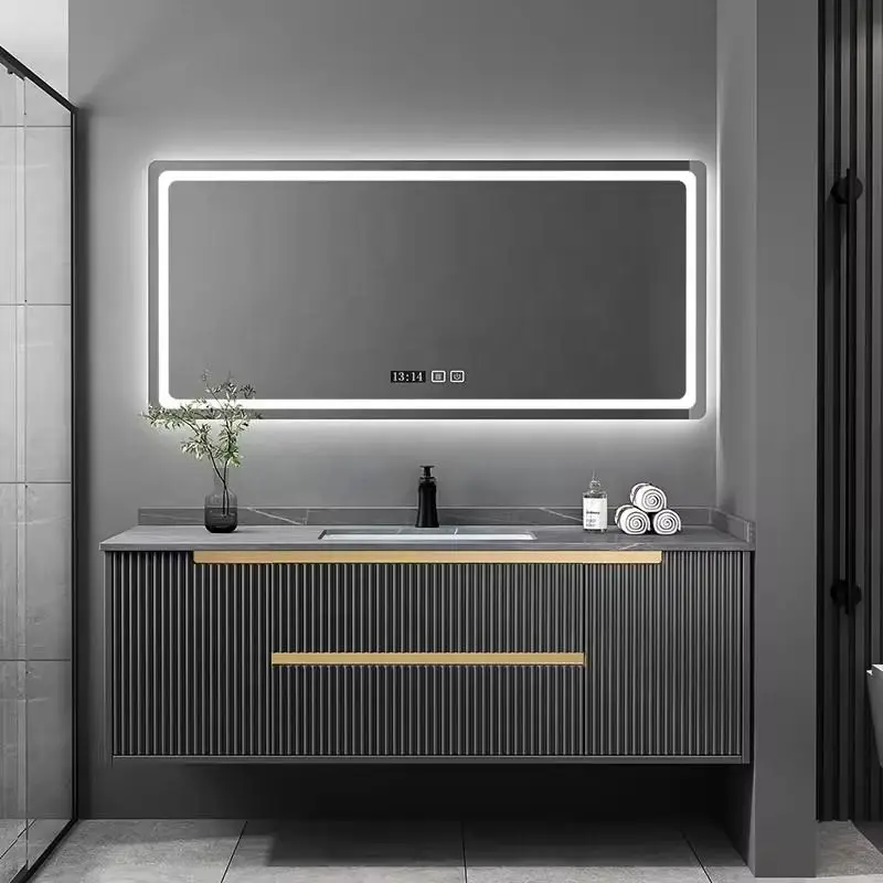 Customized Wholesale Striped Gold Wall-mounted Metal Handle Large Capacity Durable Bathroom Vanity for Hotel Bathroom — image 4