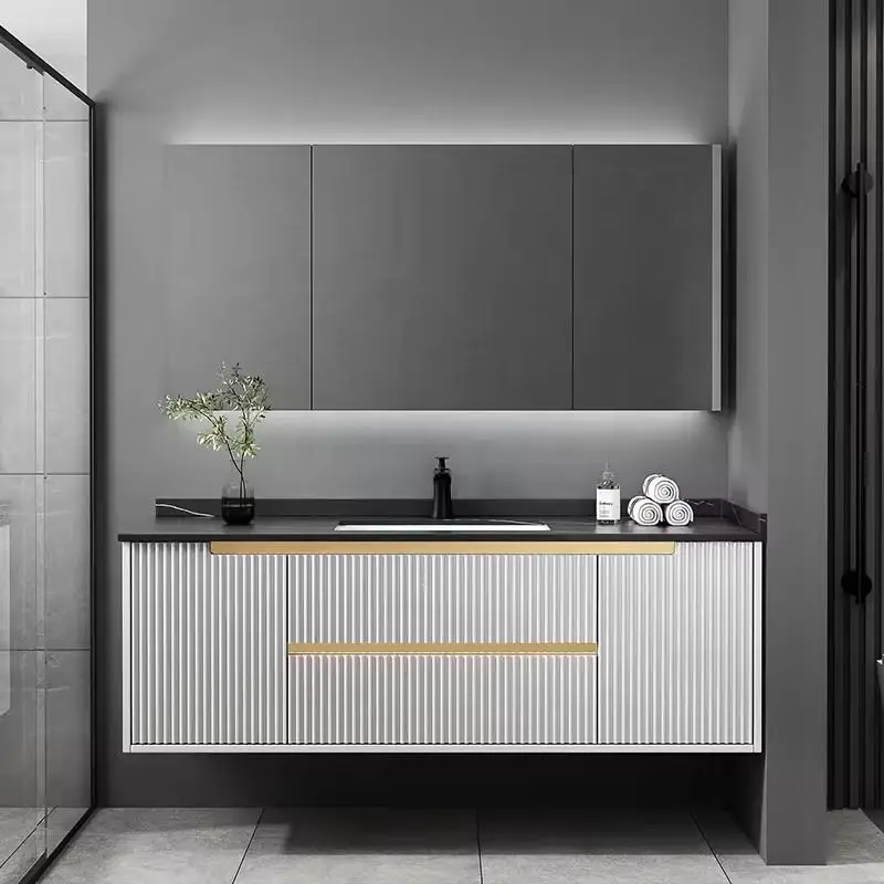 Customized Wholesale Striped Gold Wall-mounted Metal Handle Large Capacity Durable Bathroom Vanity for Hotel Bathroom — image 5