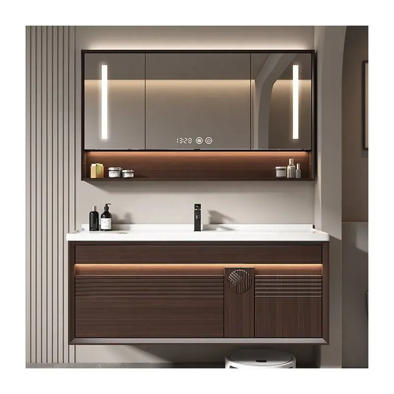 Customized European-style Durable High-end Coffee-colored Wood Grain Solid Wood Bathroom Vanity with Sinks and Mirror Ca — view 1