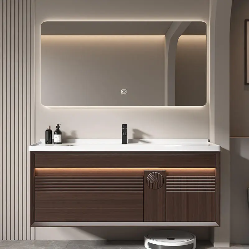 Customized European-style Durable High-end Coffee-colored Wood Grain Solid Wood Bathroom Vanity with Sinks and Mirror Cabinets — image 3