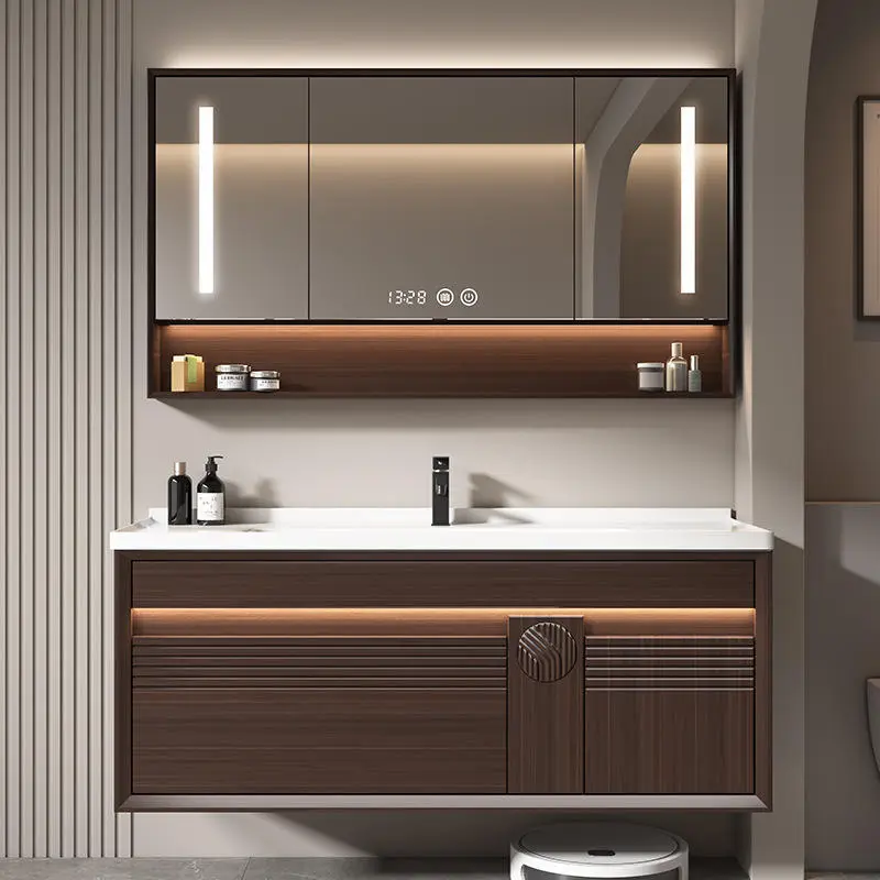 Customized European-style Durable High-end Coffee-colored Wood Grain Solid Wood Bathroom Vanity with Sinks and Mirror Cabinets — image 4