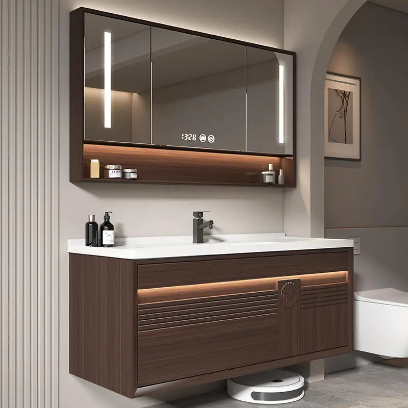 Customized European-style Durable High-end Coffee-colored Wood Grain Solid Wood Bathroom Vanity with Sinks and Mirror Cabinets — image 5