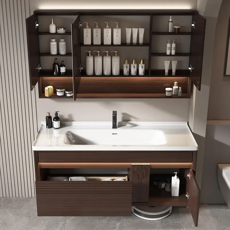 Customized European-style Durable High-end Coffee-colored Wood Grain Solid Wood Bathroom Vanity with Sinks and Mirror Cabinets — image 6