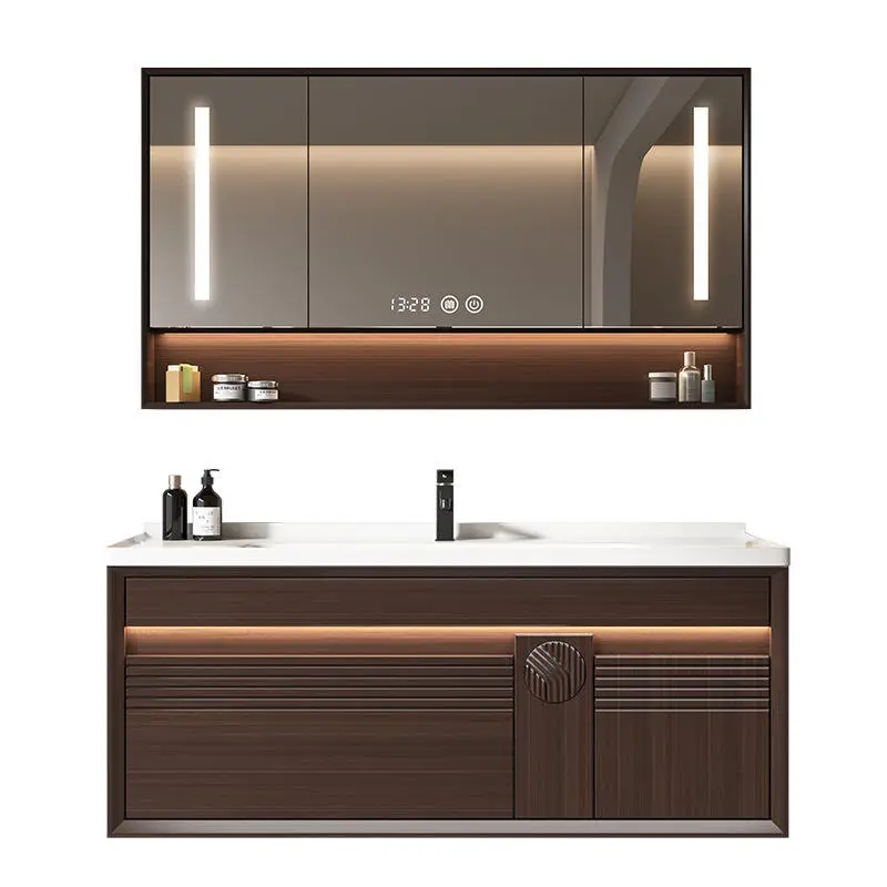 Customized European-style Durable High-end Coffee-colored Wood Grain Solid Wood Bathroom Vanity with Sinks and Mirror Cabinets — image 7
