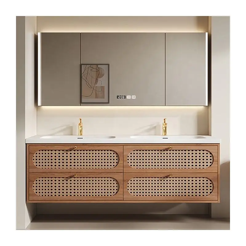 Customized Wholesale High-end European 4-drawer Soft-closing Oak Bathroom Vanity with Double Washbasins and Smart Mirror — view 1