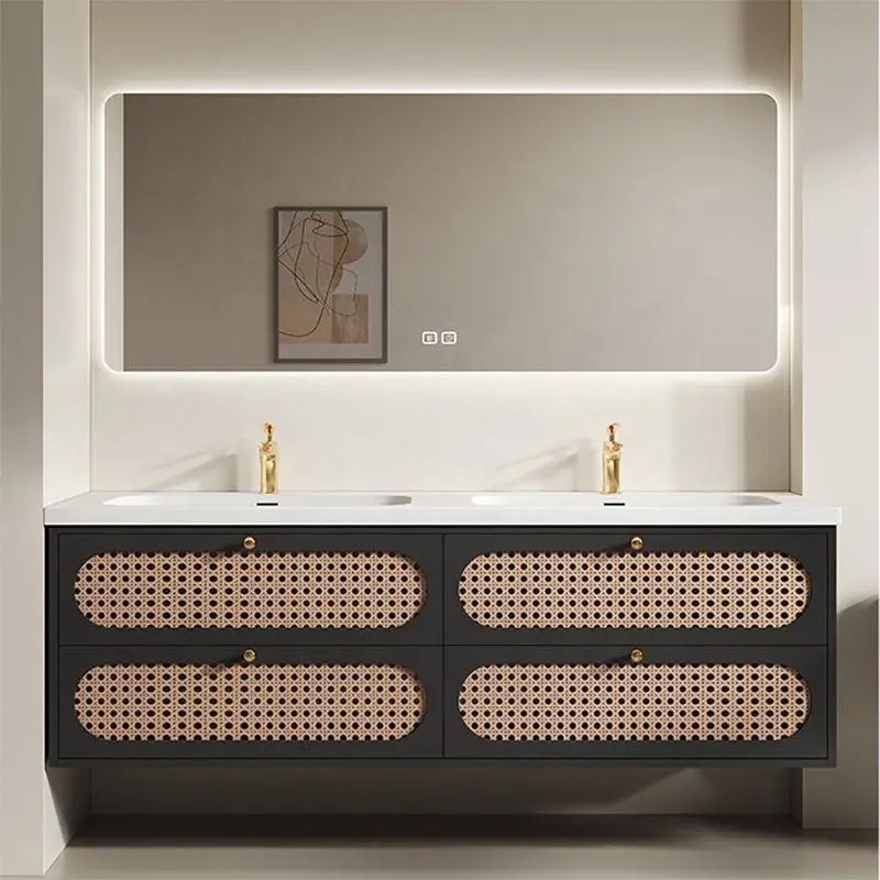 Customized Wholesale High-end European 4-drawer Soft-closing Oak Bathroom Vanity with Double Washbasins and Smart Mirror — image 3