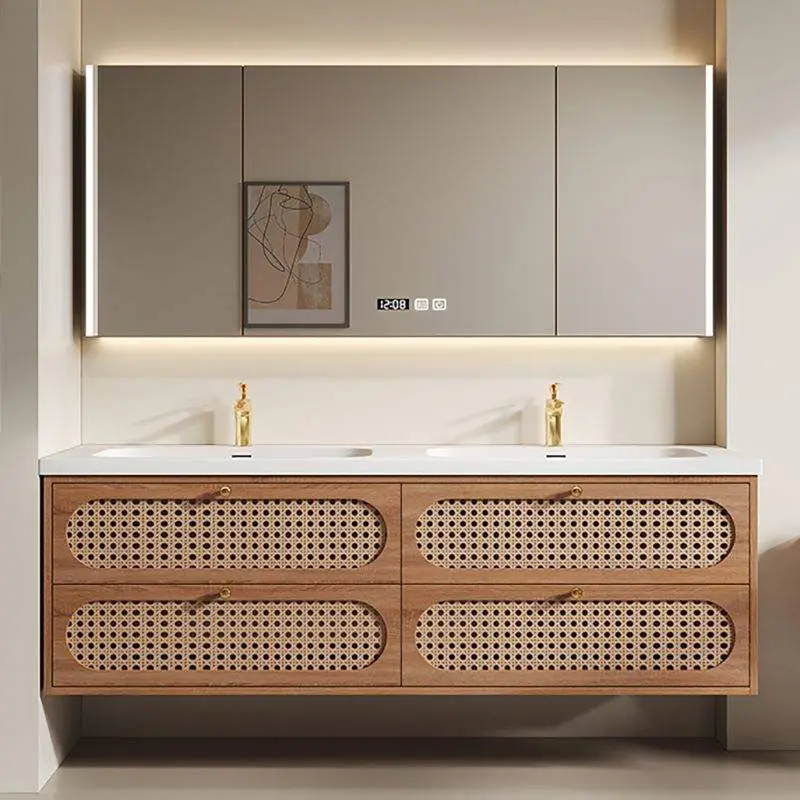 Customized Wholesale High-end European 4-drawer Soft-closing Oak Bathroom Vanity with Double Washbasins and Smart Mirror — image 4