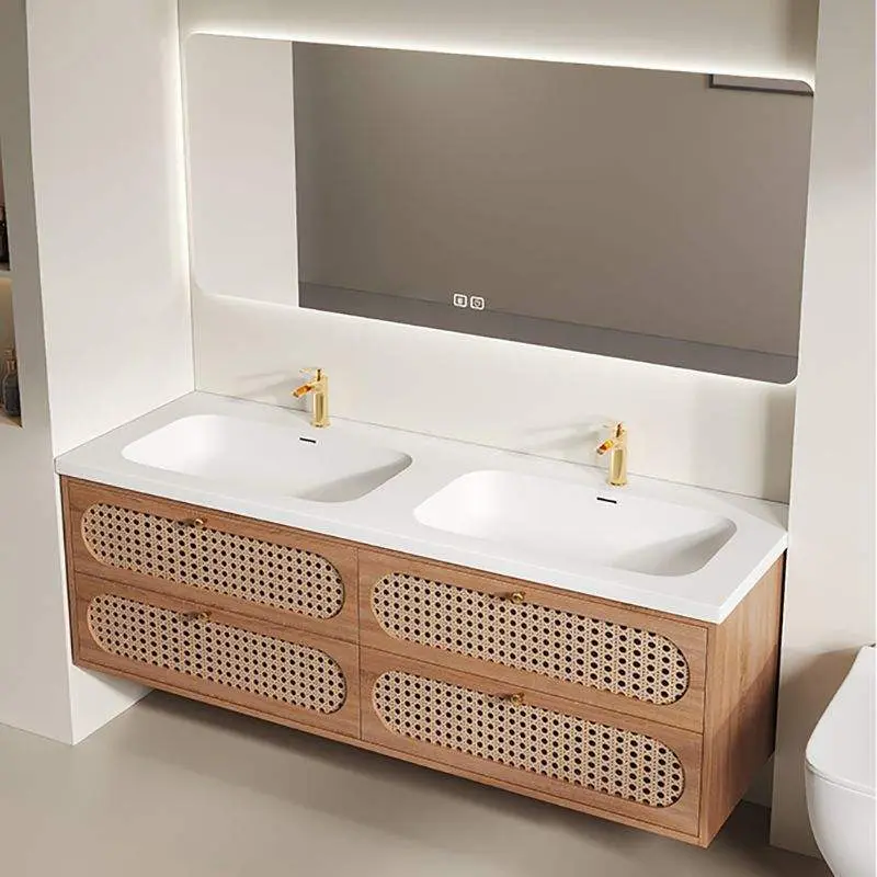 Customized Wholesale High-end European 4-drawer Soft-closing Oak Bathroom Vanity with Double Washbasins and Smart Mirror — image 5
