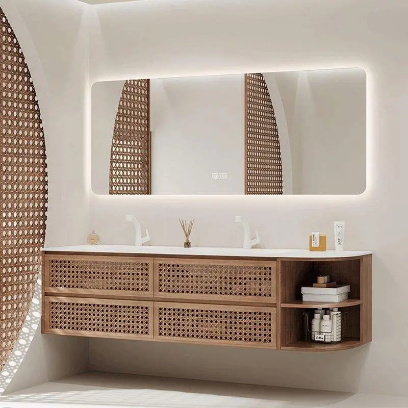 Customized Wholesale High-end European 4-drawer Soft-closing Oak Bathroom Vanity with Double Washbasins and Smart Mirror — image 6