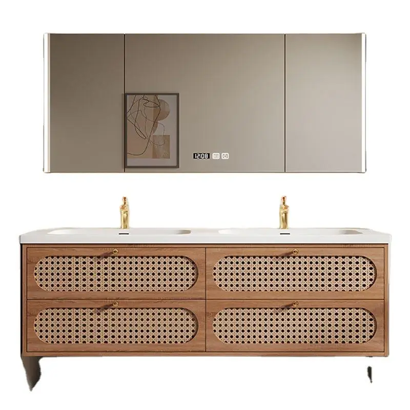 Customized Wholesale High-end European 4-drawer Soft-closing Oak Bathroom Vanity with Double Washbasins and Smart Mirror — image 7