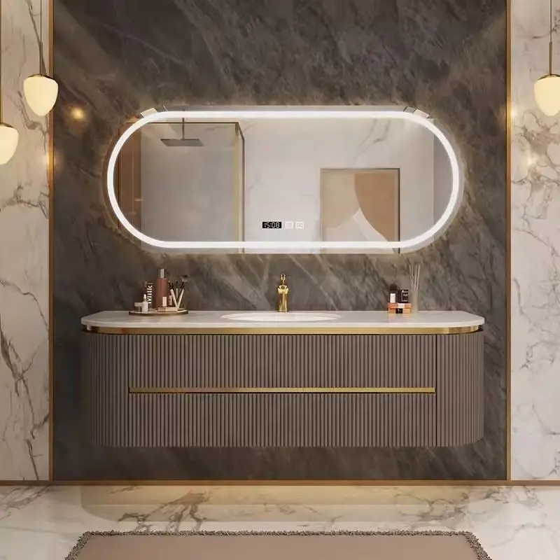 Wholesale Dark Gray Full Fluted Rounded Corner Floating Bathroom Vanity with Oval LED Mirror and Gold Trim for Home Hote — view 1