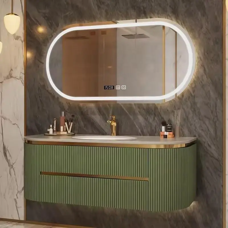 Wholesale Dark Gray Full Fluted Rounded Corner Floating Bathroom Vanity with Oval LED Mirror and Gold Trim for Home Hotel — image 3