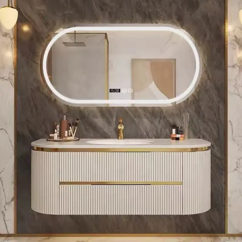 Wholesale Dark Gray Full Fluted Rounded Corner Floating Bathroom Vanity with Oval LED Mirror and Gold Trim for Home Hotel — image 4