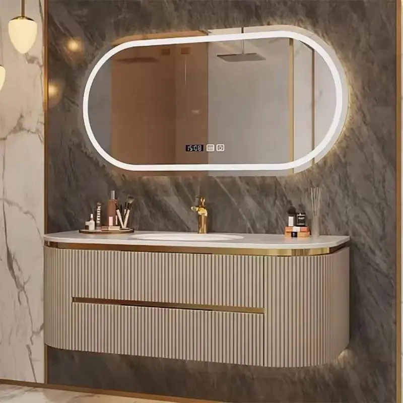 Wholesale Dark Gray Full Fluted Rounded Corner Floating Bathroom Vanity with Oval LED Mirror and Gold Trim for Home Hotel — image 5