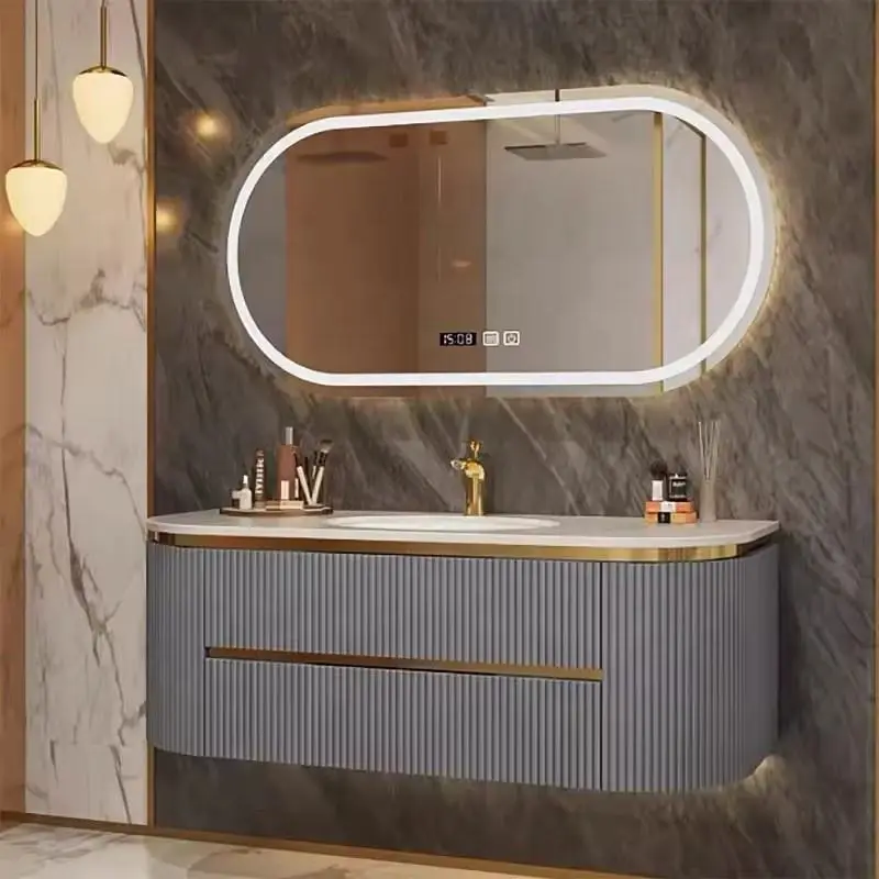 Wholesale Dark Gray Full Fluted Rounded Corner Floating Bathroom Vanity with Oval LED Mirror and Gold Trim for Home Hotel — image 6