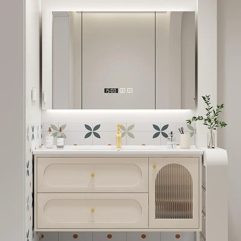 Factory Customized Waterproof Cream Style Dressing Table Bathroom Vanity with Smart LED Mirror and Large Cabinet for Hom — view 1