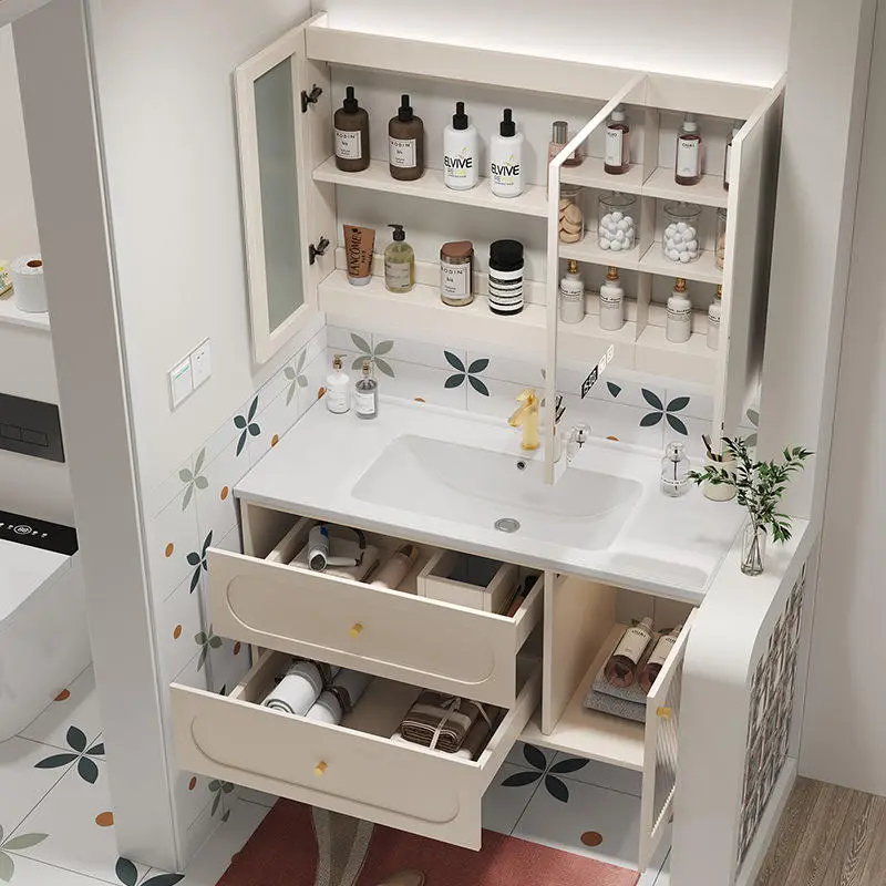 Factory Customized Waterproof Cream Style Dressing Table Bathroom Vanity with Smart LED Mirror and Large Cabinet for Home Hotel — image 3