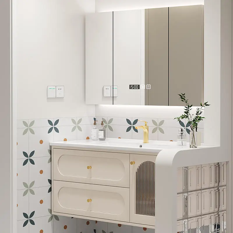 Factory Customized Waterproof Cream Style Dressing Table Bathroom Vanity with Smart LED Mirror and Large Cabinet for Home Hotel — image 4