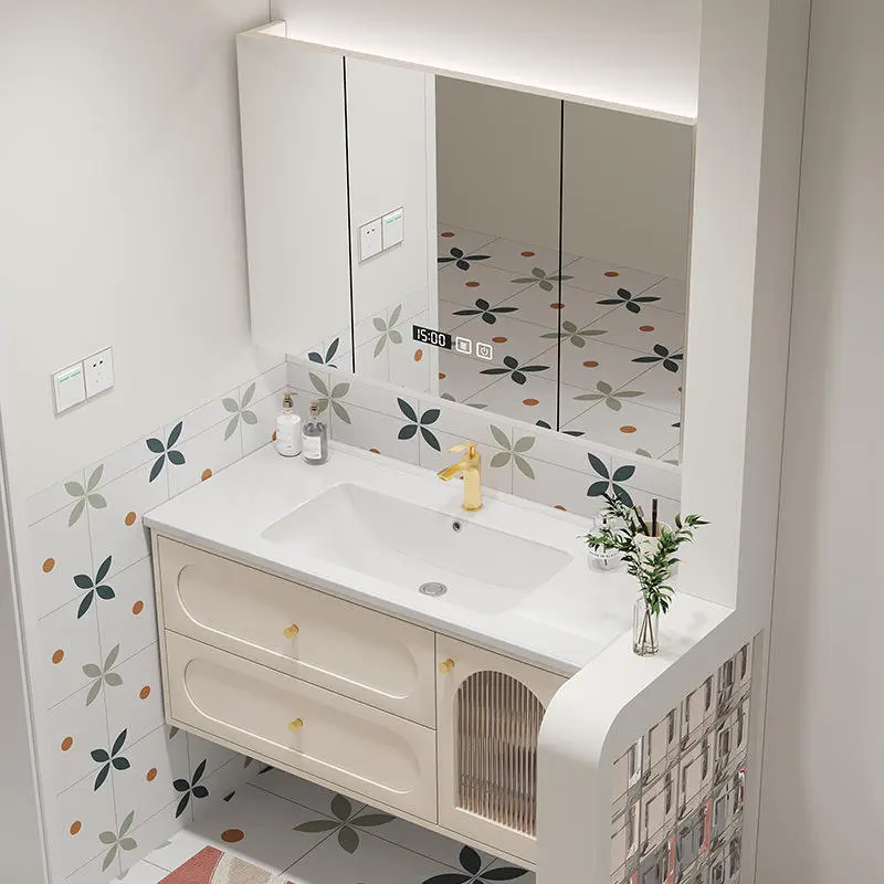 Factory Customized Waterproof Cream Style Dressing Table Bathroom Vanity with Smart LED Mirror and Large Cabinet for Home Hotel — image 5