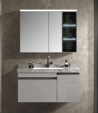 2025 Modern Design Factory Custom Double Door Wall-Mounted Bathroom Vanity with Sink Smart Mirror for Hotel Apartment — image 4