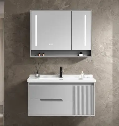 2025 Modern Design Factory Custom Double Door Wall-Mounted Bathroom Vanity with Sink Smart Mirror for Hotel Apartment — image 5