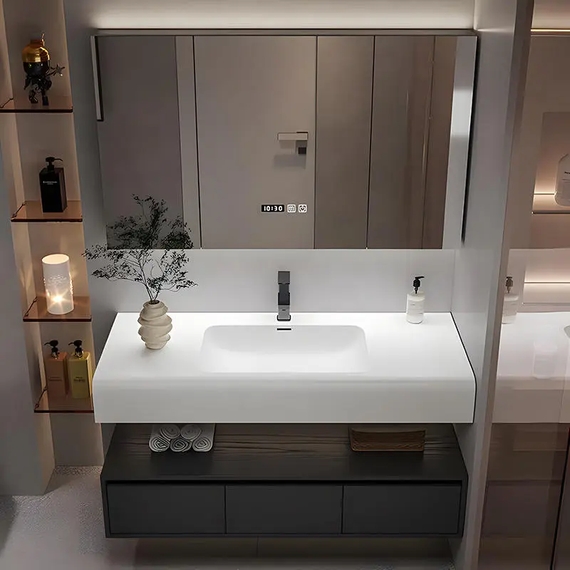 Customized Wholesale Hotel-style Double-layer European Black Wall-mounted Waterproof Bathroom Vanity with Resin Basin an — view 1