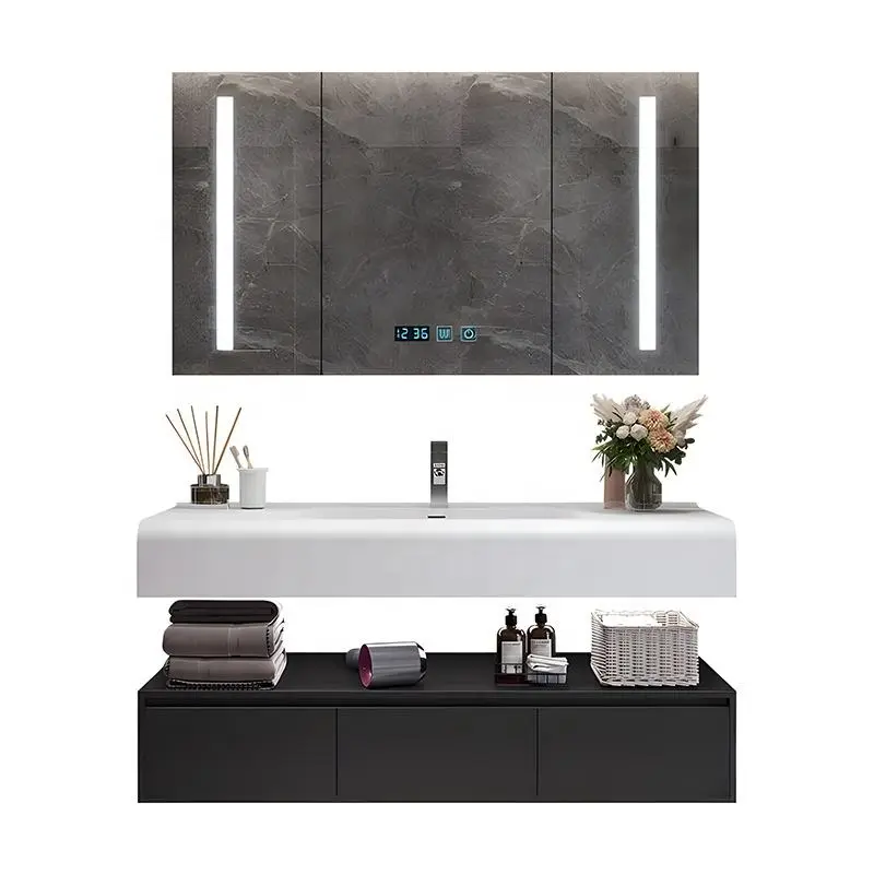 Customized Wholesale Hotel-style Double-layer European Black Wall-mounted Waterproof Bathroom Vanity with Resin Basin and Mirror — image 3