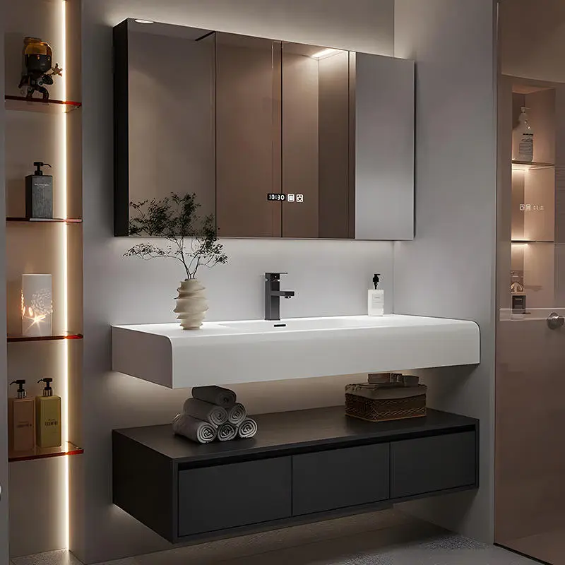 Customized Wholesale Hotel-style Double-layer European Black Wall-mounted Waterproof Bathroom Vanity with Resin Basin and Mirror — image 4