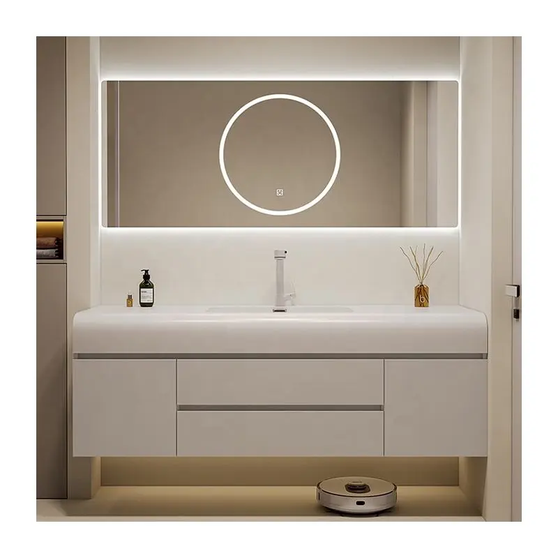 Customized Modern Moisture-proof Fashionable Double PVC Dressing Table Bathroom Vanity with LED Bathroom Mirror and Doub — view 1