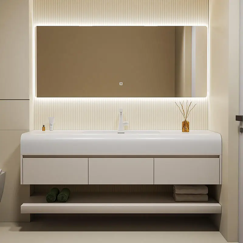 Customized Modern Moisture-proof Fashionable Double PVC Dressing Table Bathroom Vanity with LED Bathroom Mirror and Double Sink — image 3