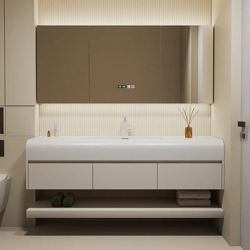 Customized Modern Moisture-proof Fashionable Double PVC Dressing Table Bathroom Vanity with LED Bathroom Mirror and Double Sink — image 4
