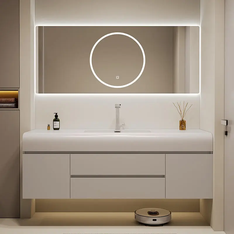Customized Modern Moisture-proof Fashionable Double PVC Dressing Table Bathroom Vanity with LED Bathroom Mirror and Double Sink — image 5